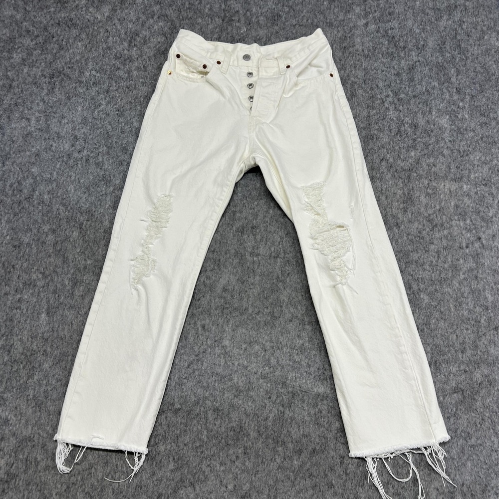 Levis 501 Jeans Womens 26x26 Cream White Distressed Button Fly Raw Hem Denim